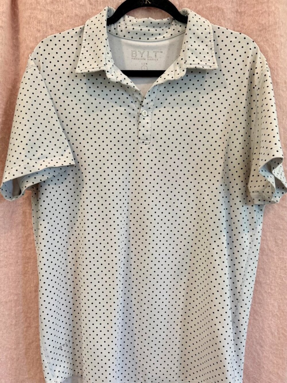 BYLT polka dot two button polo drop cut LUX, size LARGE